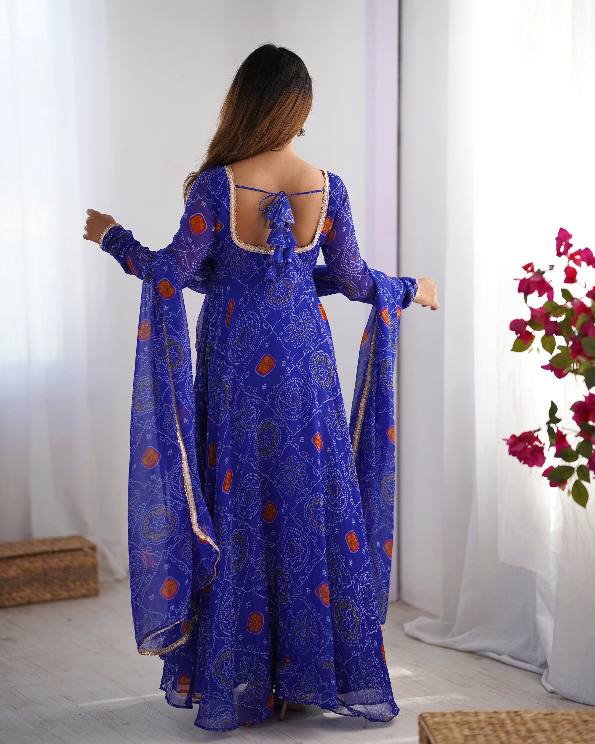 Blue chiffon bandhej gown with dupatta price
