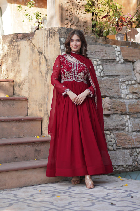 Red color faux blooming gown for women