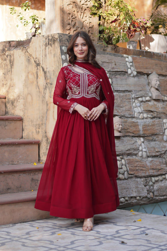 Red color faux blooming gown for wedding