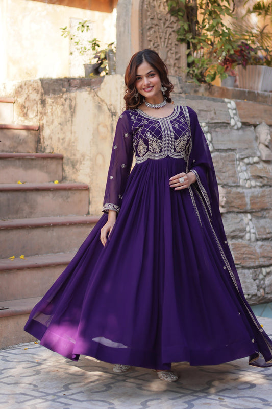 Purple color faux blooming gown for women
