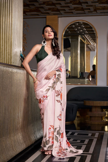 Off White color satin silk saree with blouse online