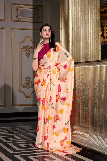 Cream color satin silk saree for party