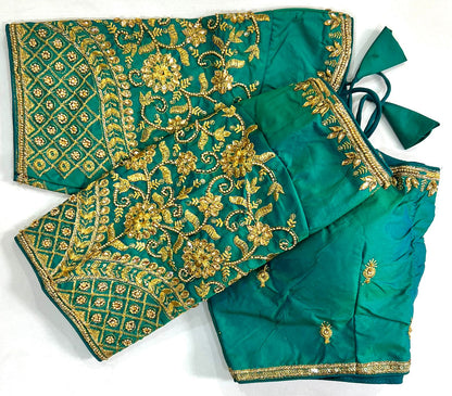 Rama color banarasi silk saree with blouse online shopping