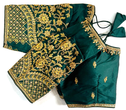 Dark green color banarasi silk saree with blouse images