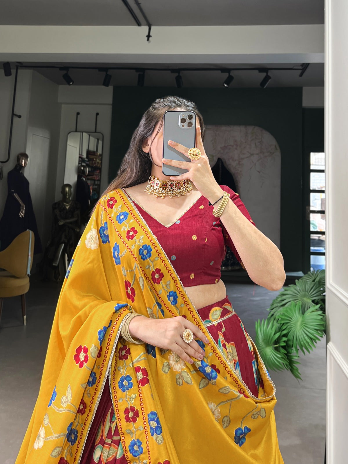 Maroon color tussar silk lehenga choli online shopping