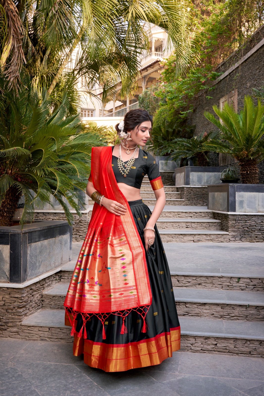 Black color jacquard silk lehenga choli for women