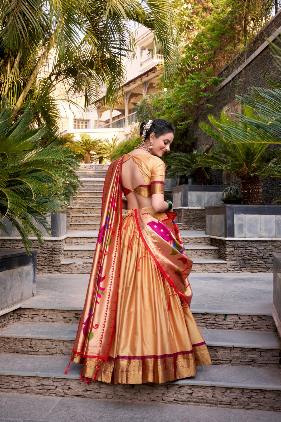 Chiku color jacquard silk lehenga choli  with dupatta images