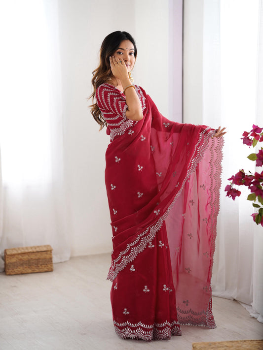Red color jimmy chu saree for women