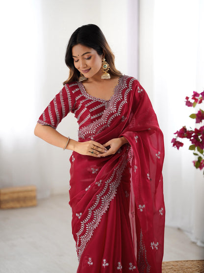 Red color jimmy chu saree with blouse online