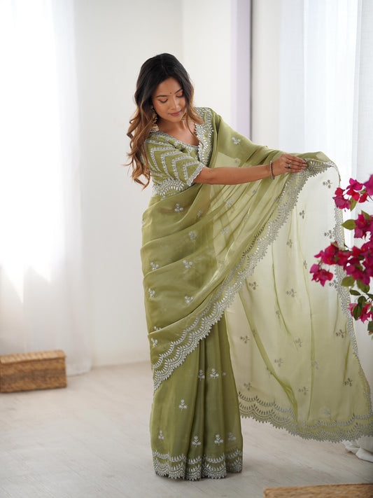 Green color jimmy chu saree for wedding