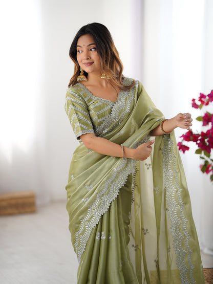Green color jimmy chu saree with blouse online