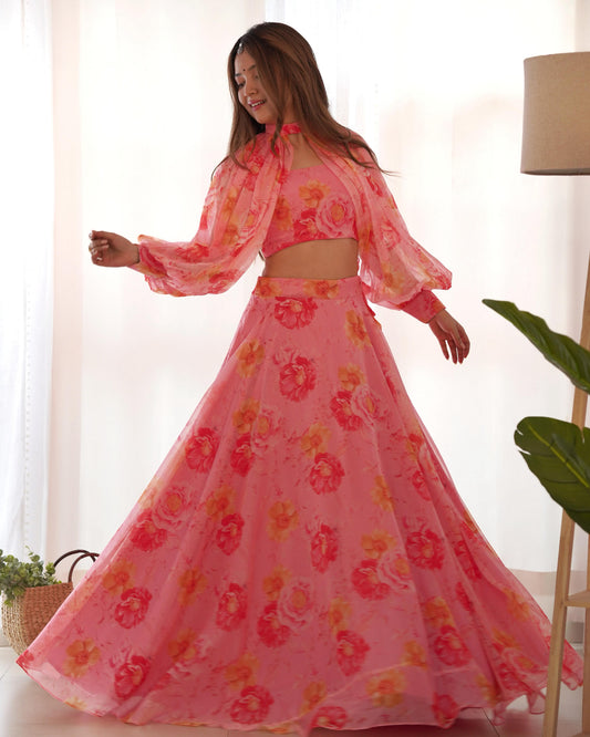 Pink color tabby organza silk lehenga with blouse