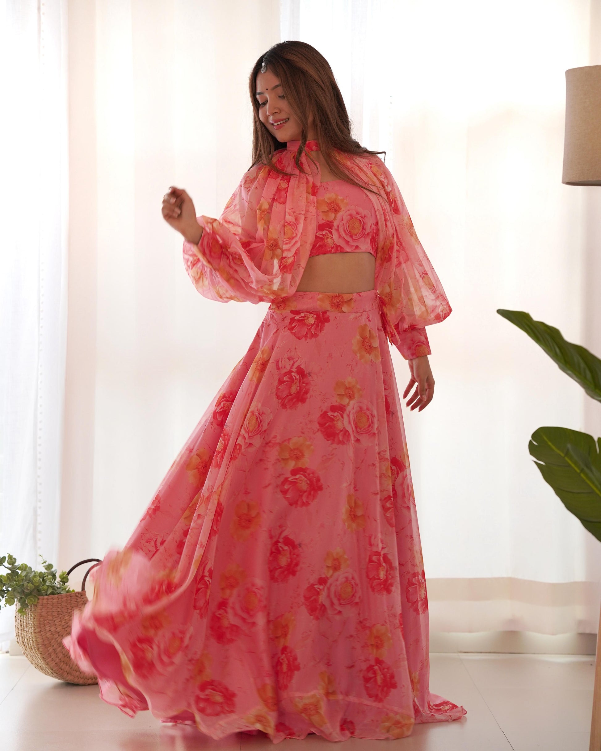 Pink color tabby organza silk lehenga with blouse online