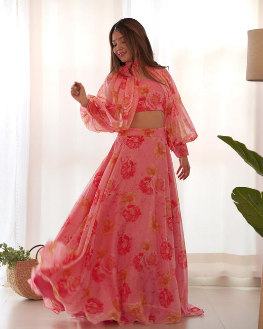 Pink color tabby organza silk lehenga with blouse online