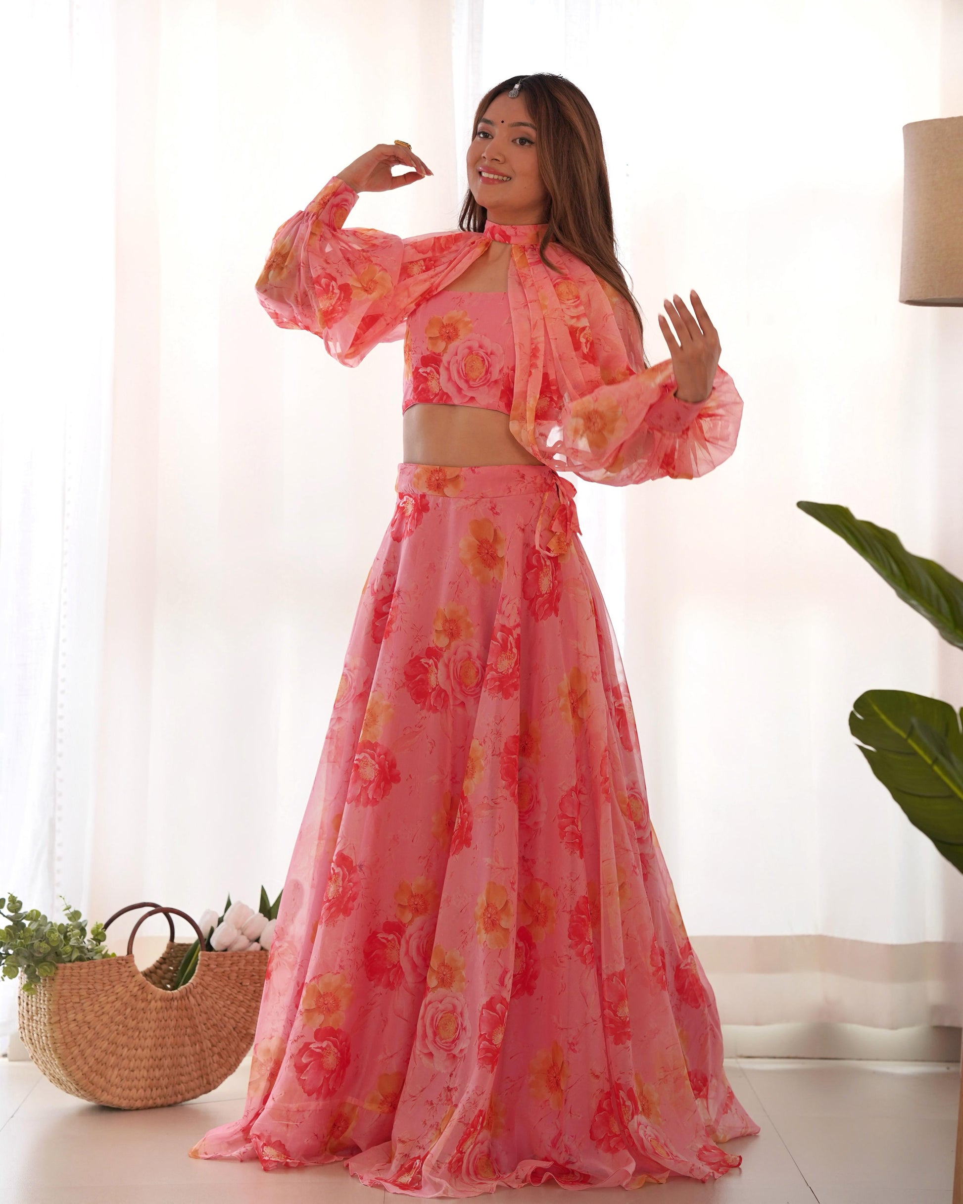 Pink color tabby organza silk lehenga with blouse price