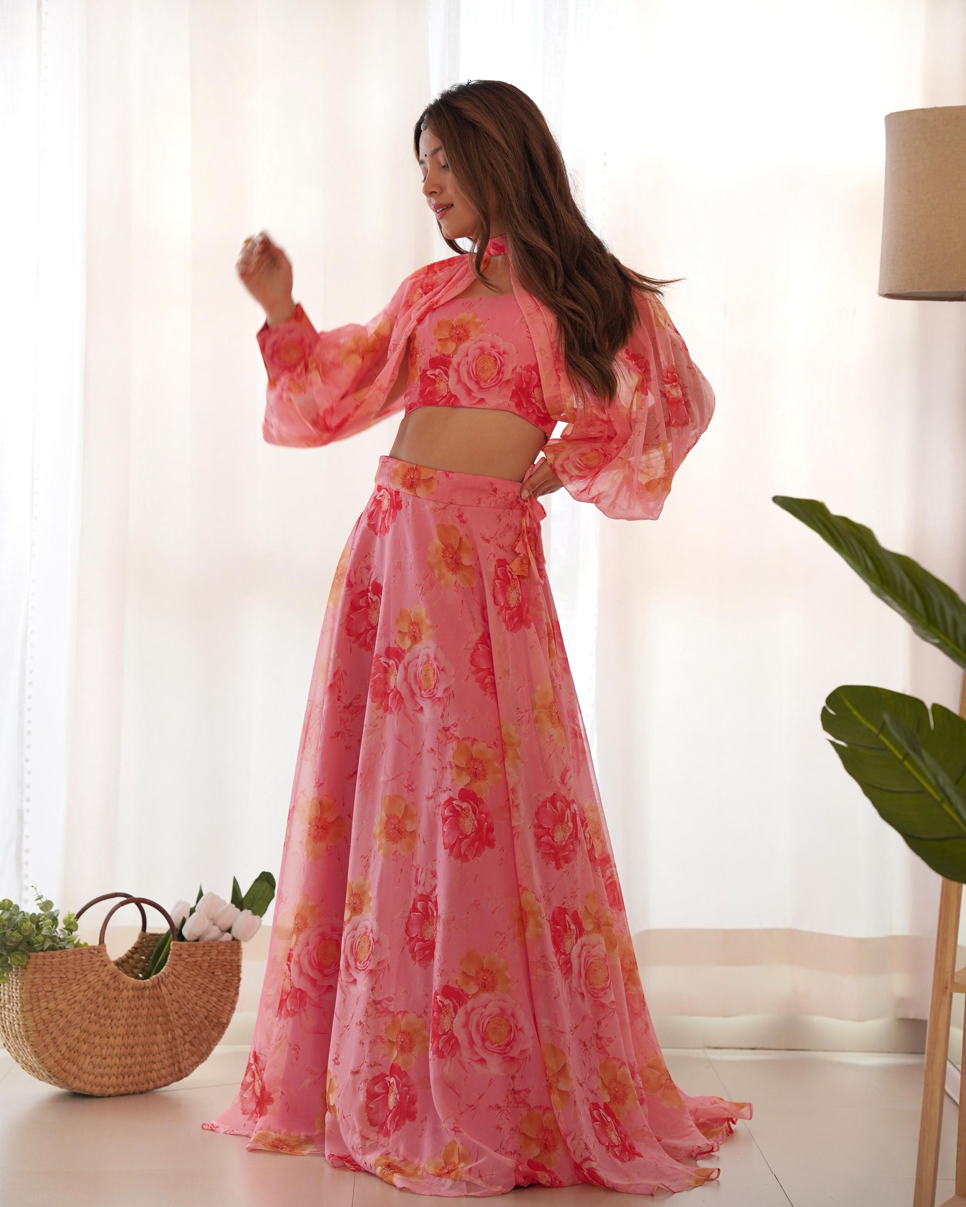 Pink color tabby organza silk lehenga with blouse images