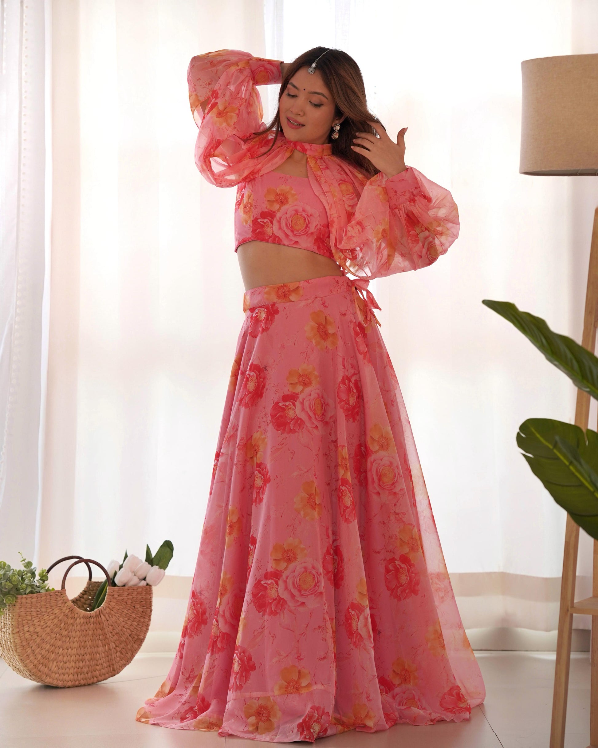 Pink color tabby organza silk lehenga with blouse for women