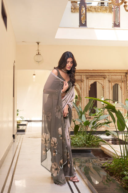 Grey color weightless marbal saree for wedding