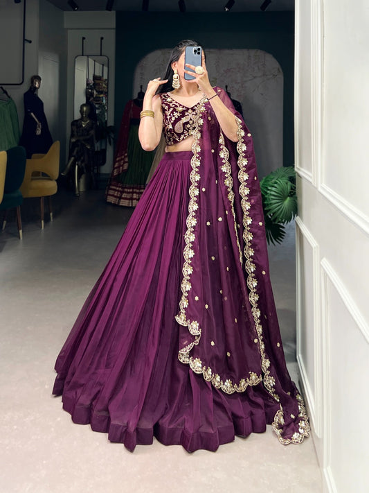 Wine color organza lehenga choli for women with price
