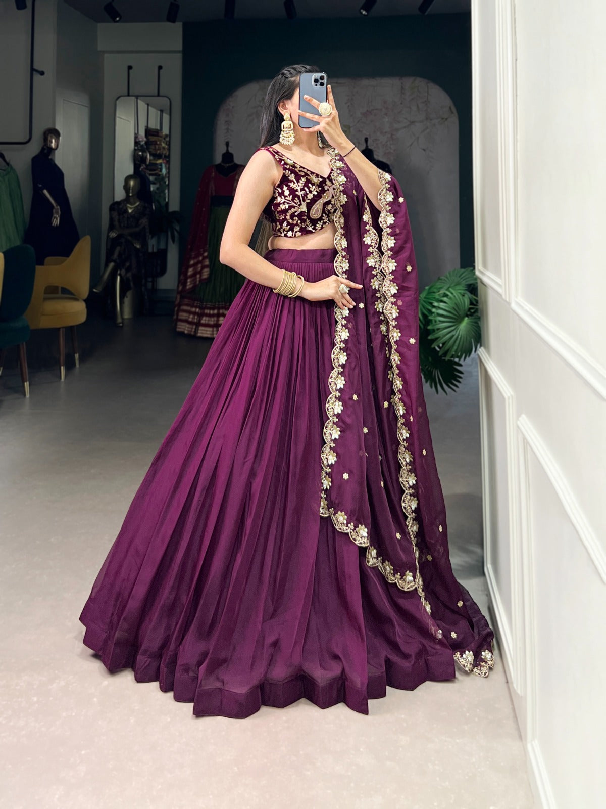 Wine color organza lehenga choli with dupatta
