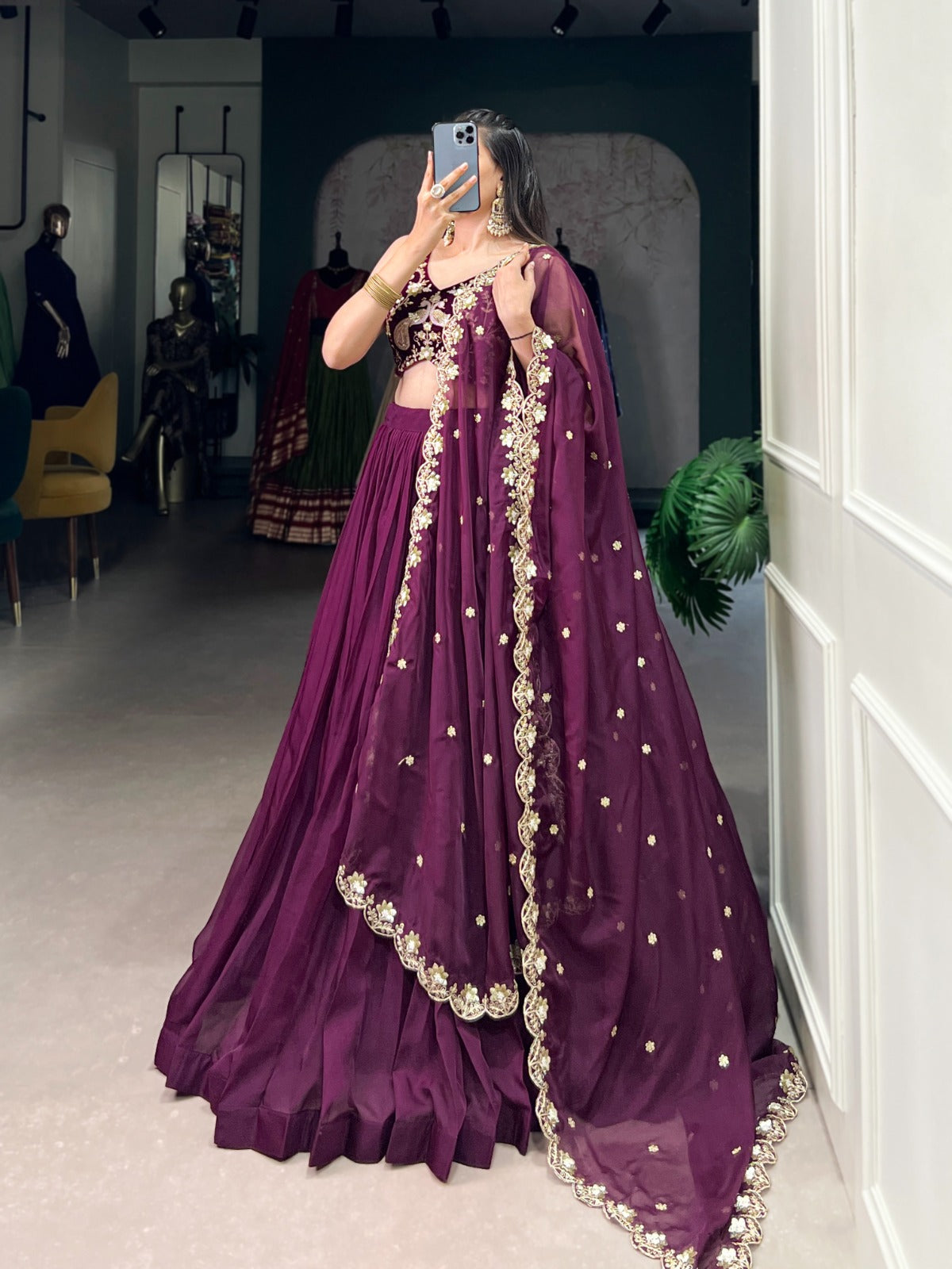 Wine color organza lehenga choli with dupatta price

