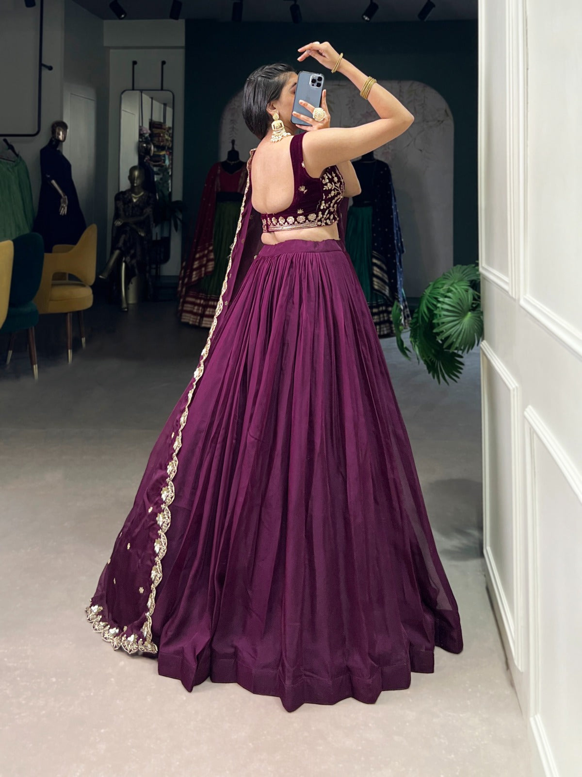 Wine color organza lehenga choli  for party
