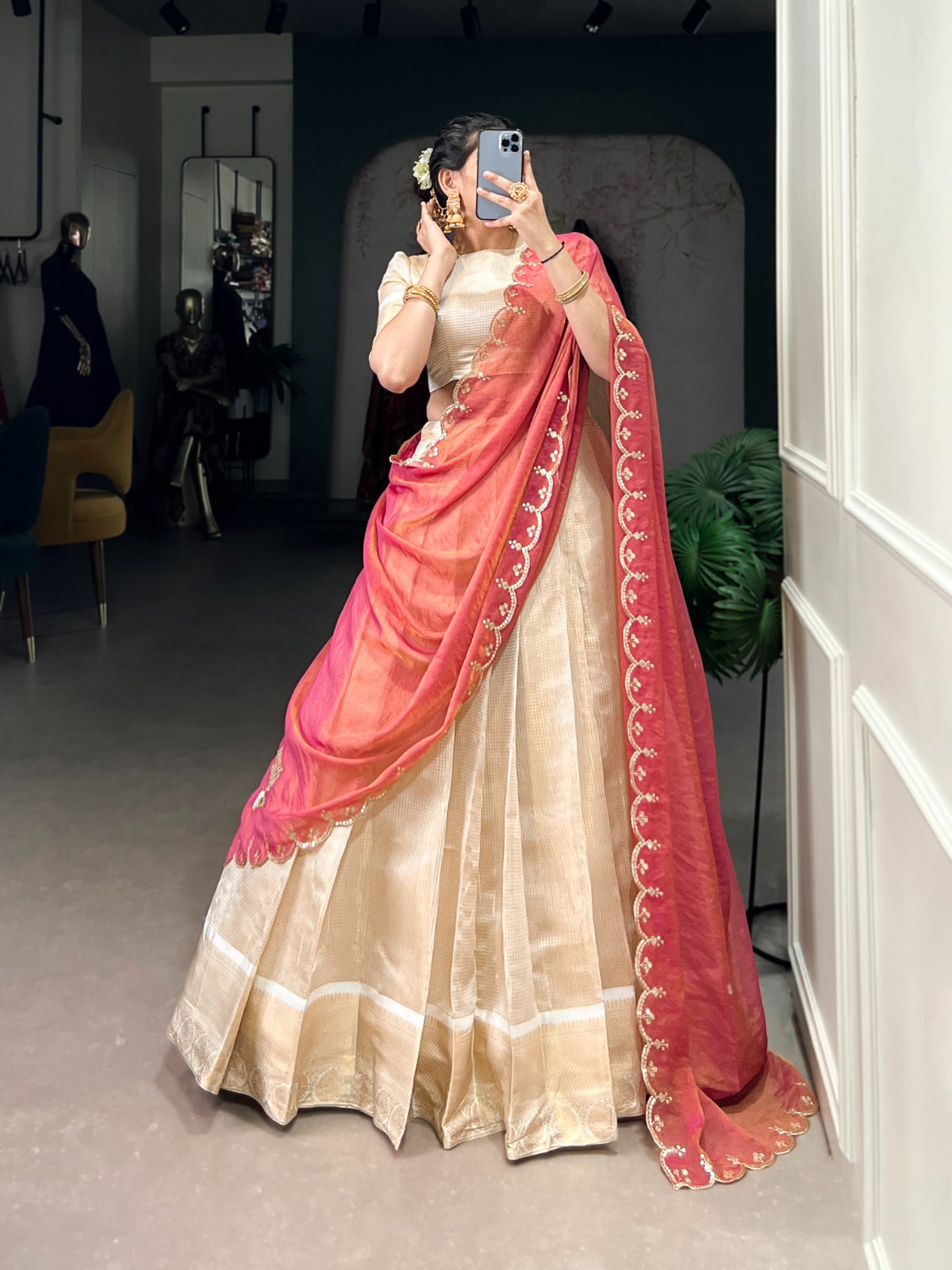 Off white jacquard chex lehenga choli for women