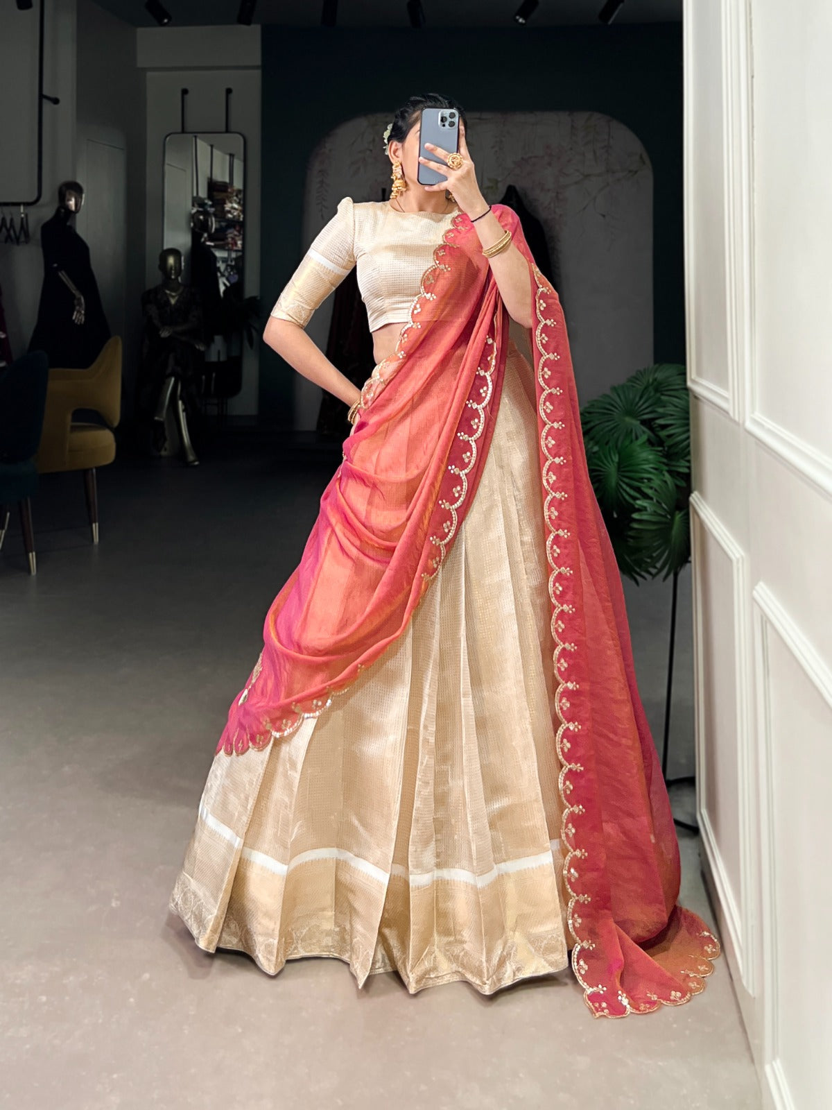 Off white jacquard chex lehenga choli for wedding
