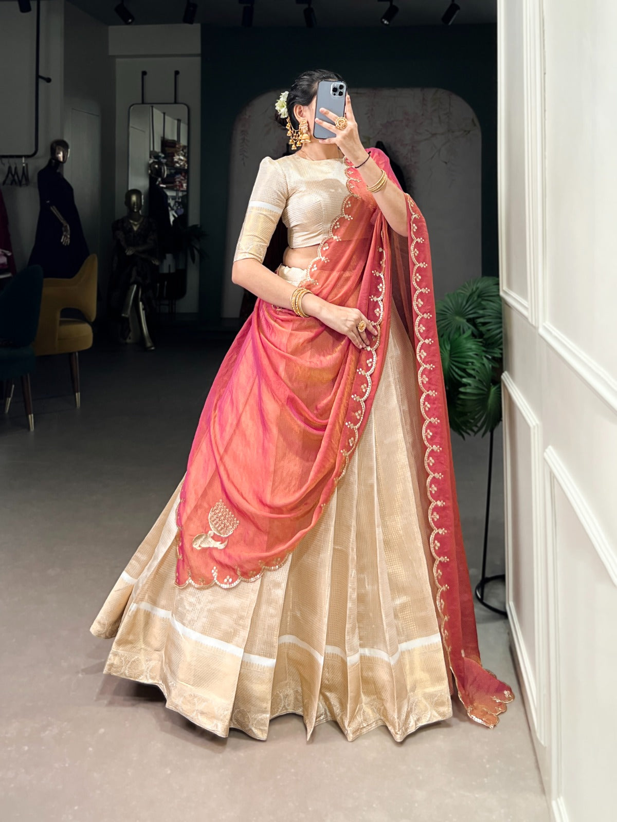 Off white jacquard chex lehenga choli for party