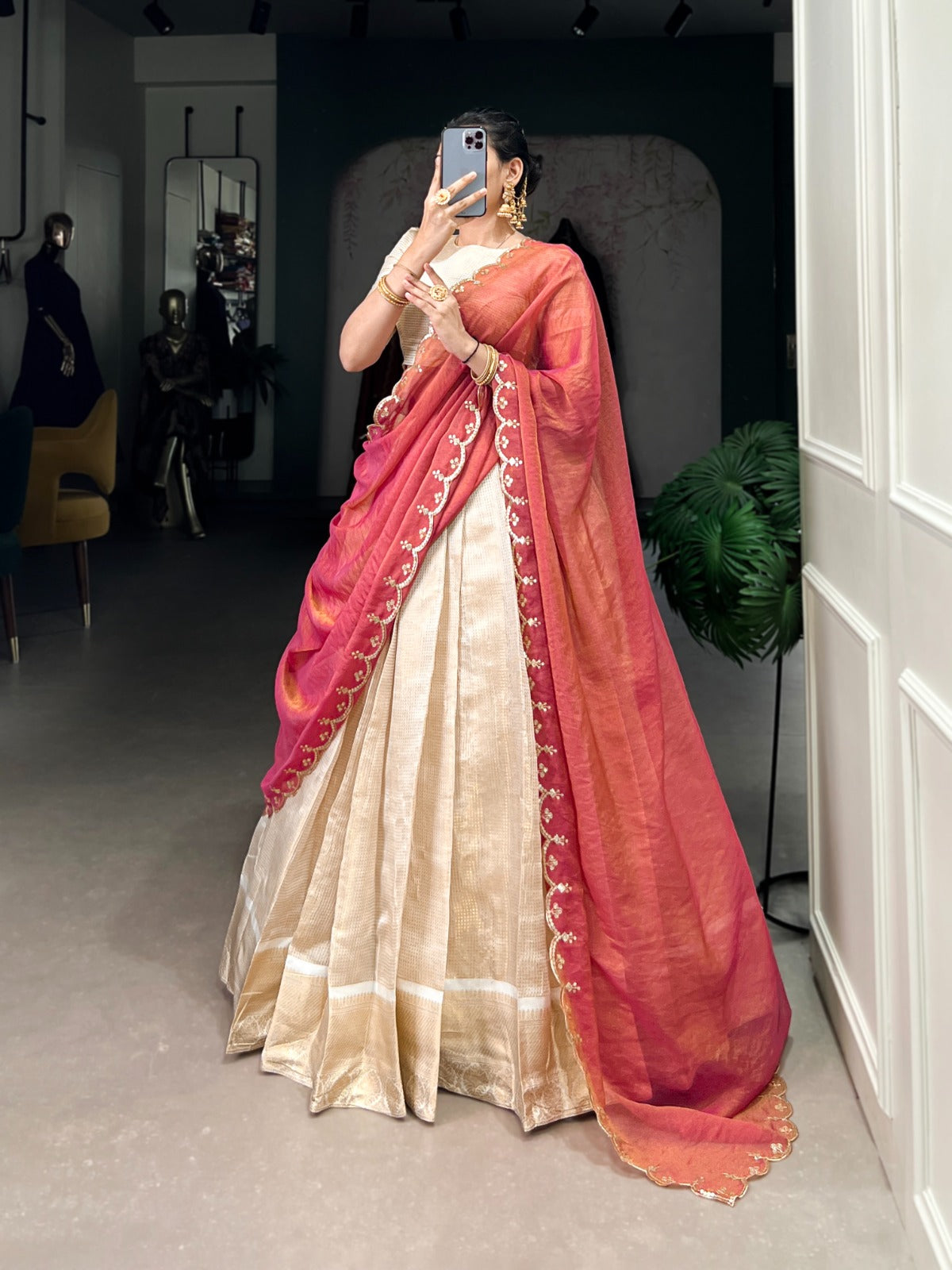 Off white jacquard chex lehenga choli with dupatta online