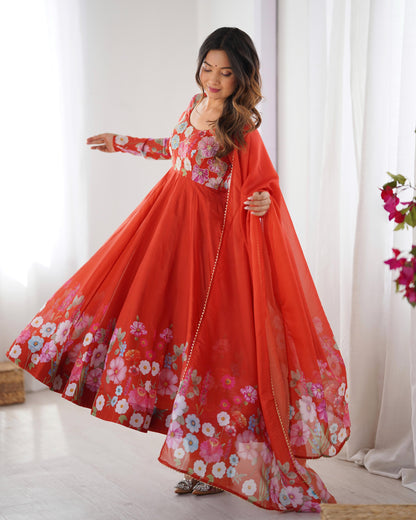 Orange color organza silk salwar suit with dupatta online
