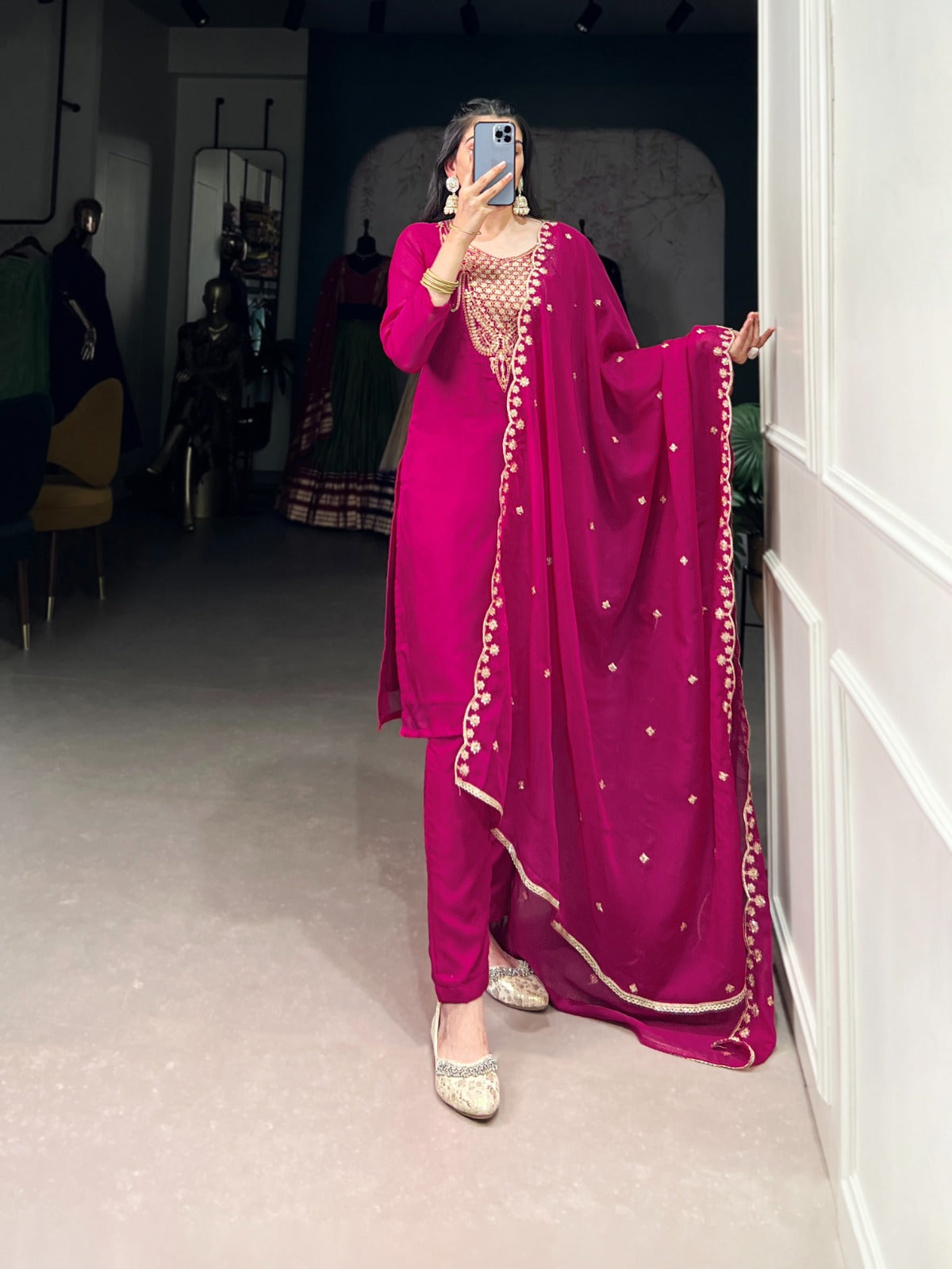 Pink color organza salwar suit with dupatta