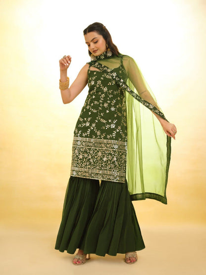 Green color georgette sharara suit with dupatta