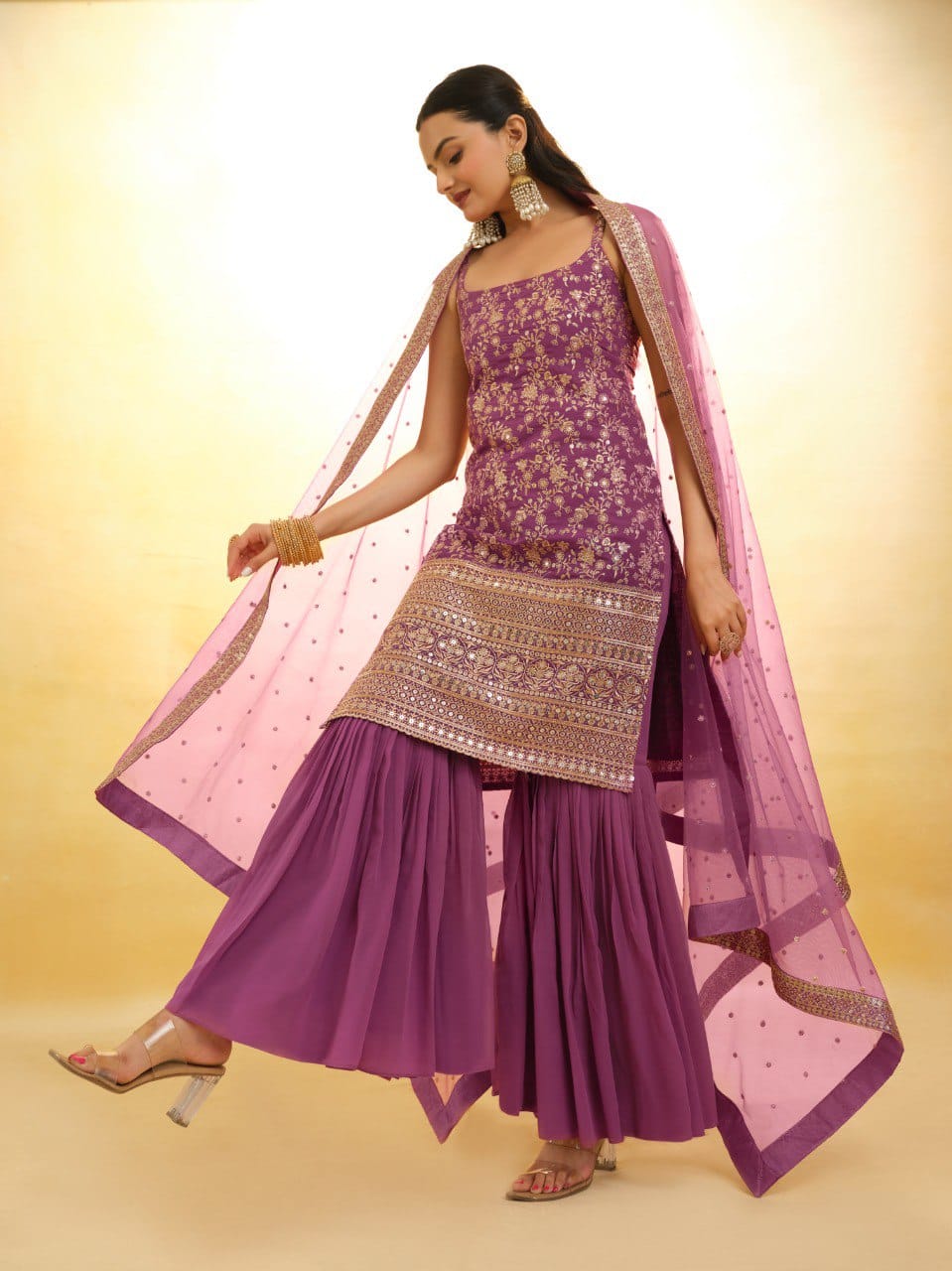 Purple georgette sharara suit with dupatta price