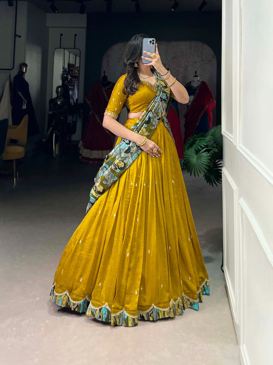 Mustard color vichitra silk lehenga choli for wedding