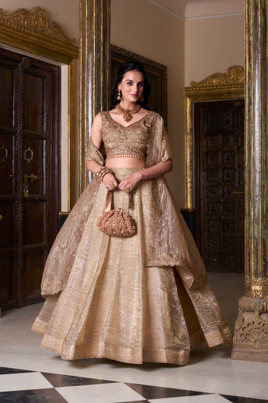 Chiku color gold crush lehenga choli for women