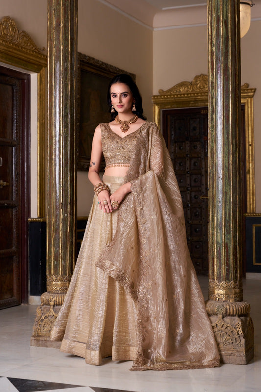Chiku color gold crush lehenga choli with dupatta