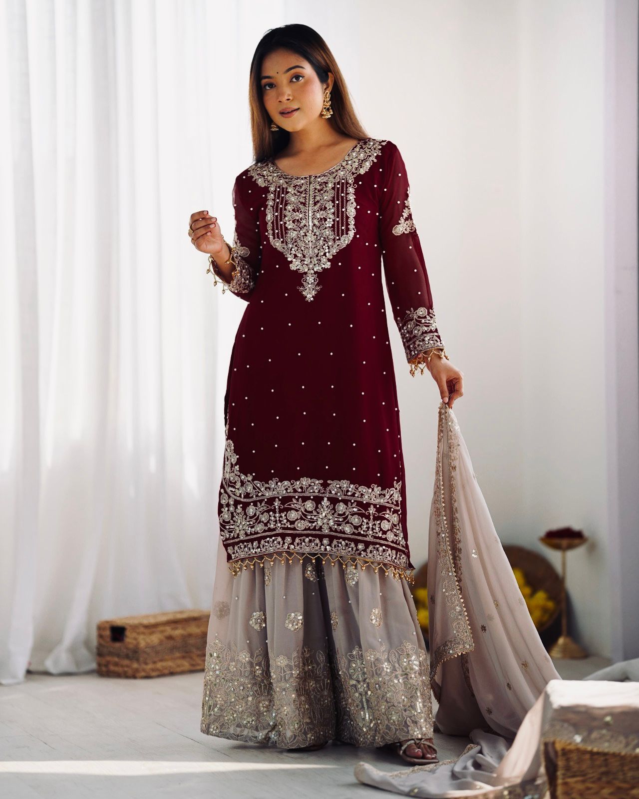 Maroon color georgette sharara suit for women