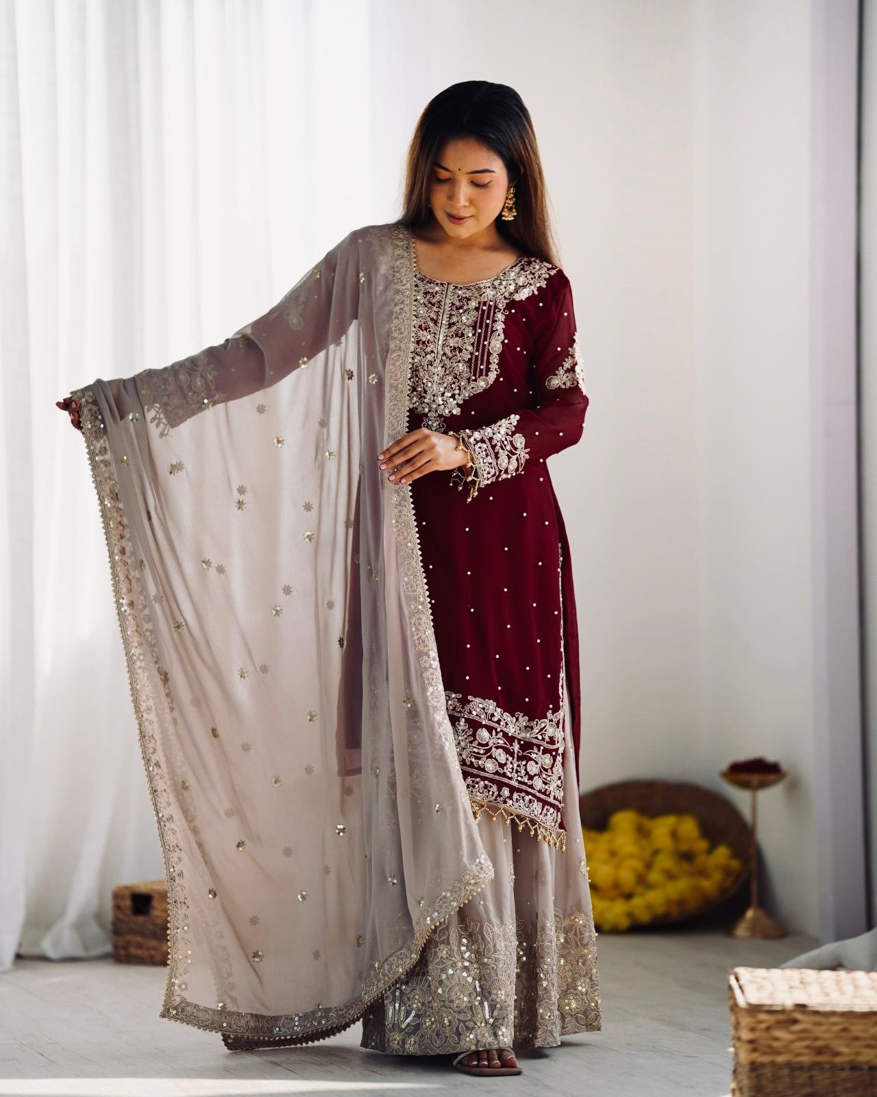 Maroon color georgette sharara suit with dupatta online
