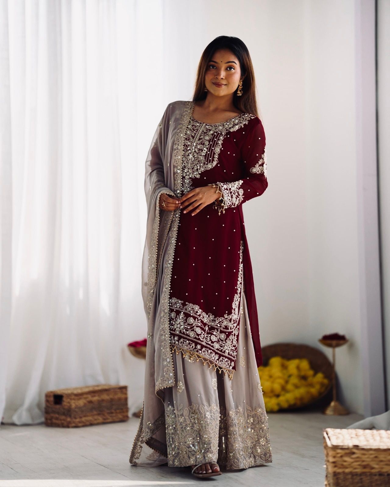 Maroon color georgette sharara suit with dupatta images