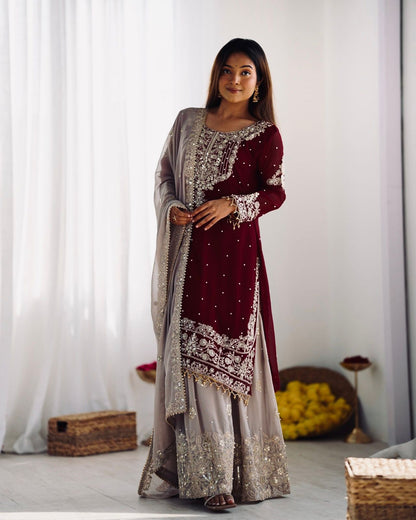 Maroon color georgette sharara suit with dupatta images