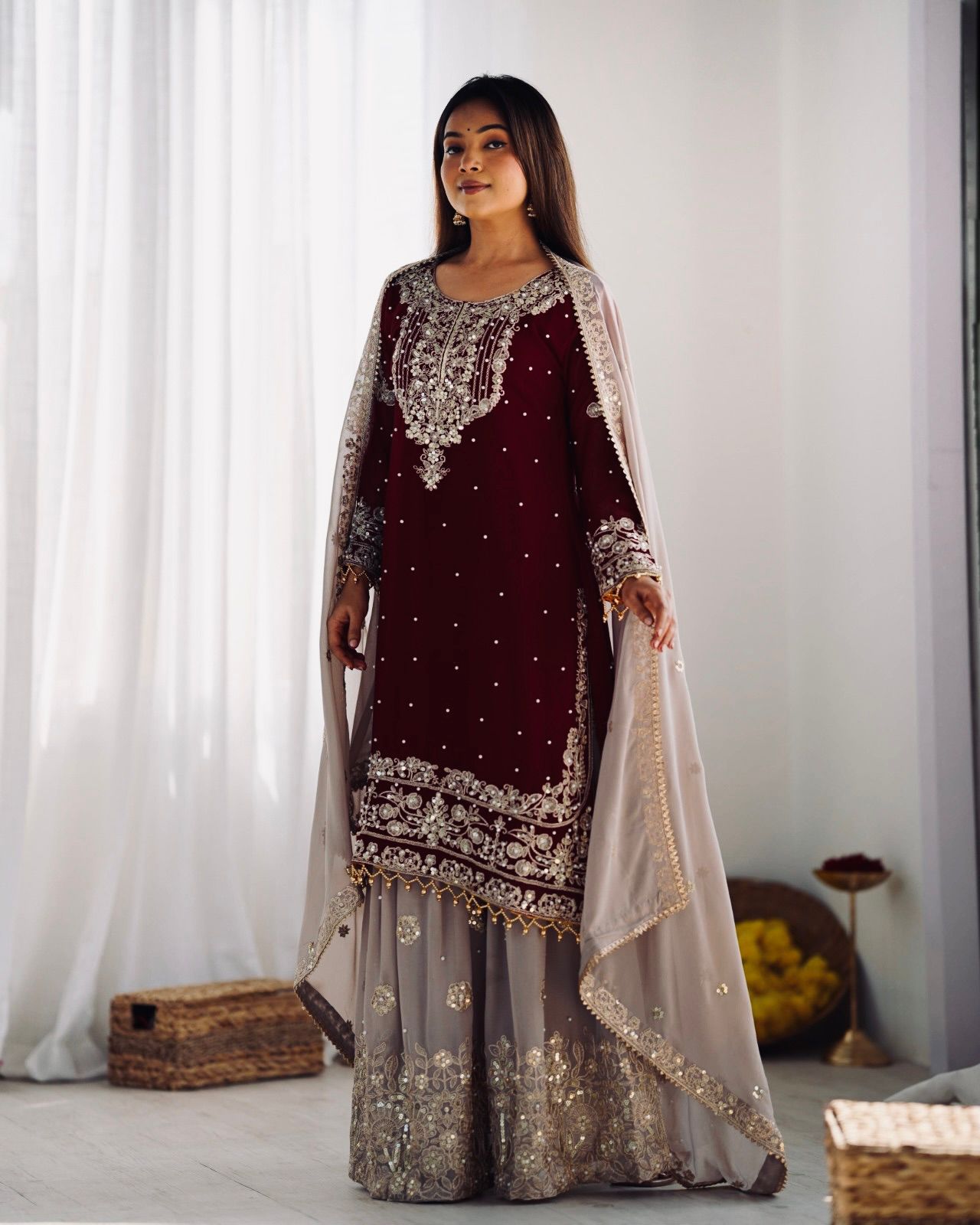 Maroon georgette sharara suit with dupatta online shopping