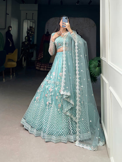 Sky blue color net lehenga choli for wedding