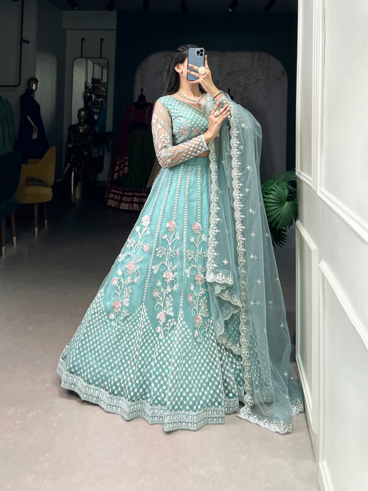 Sky blue color net lehenga choli for engagement
