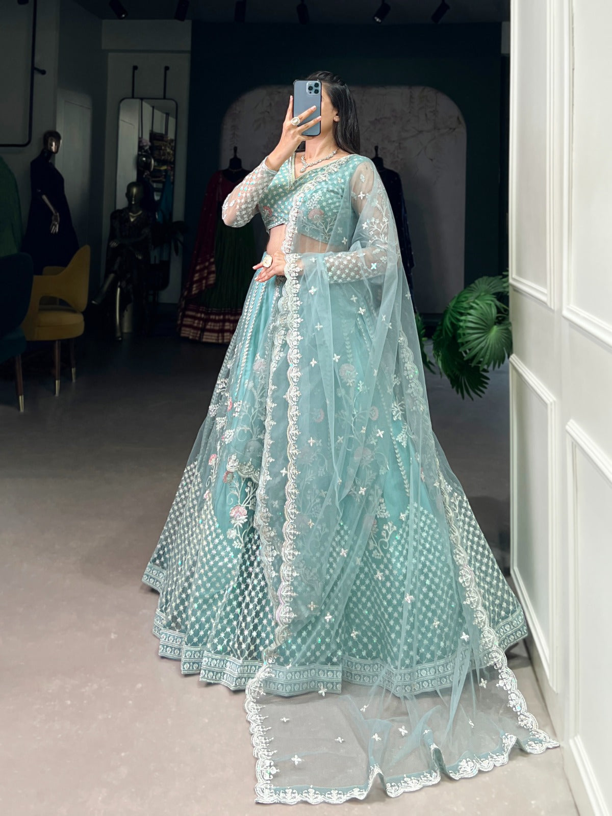 Sky blue color net lehenga choli with dupatta