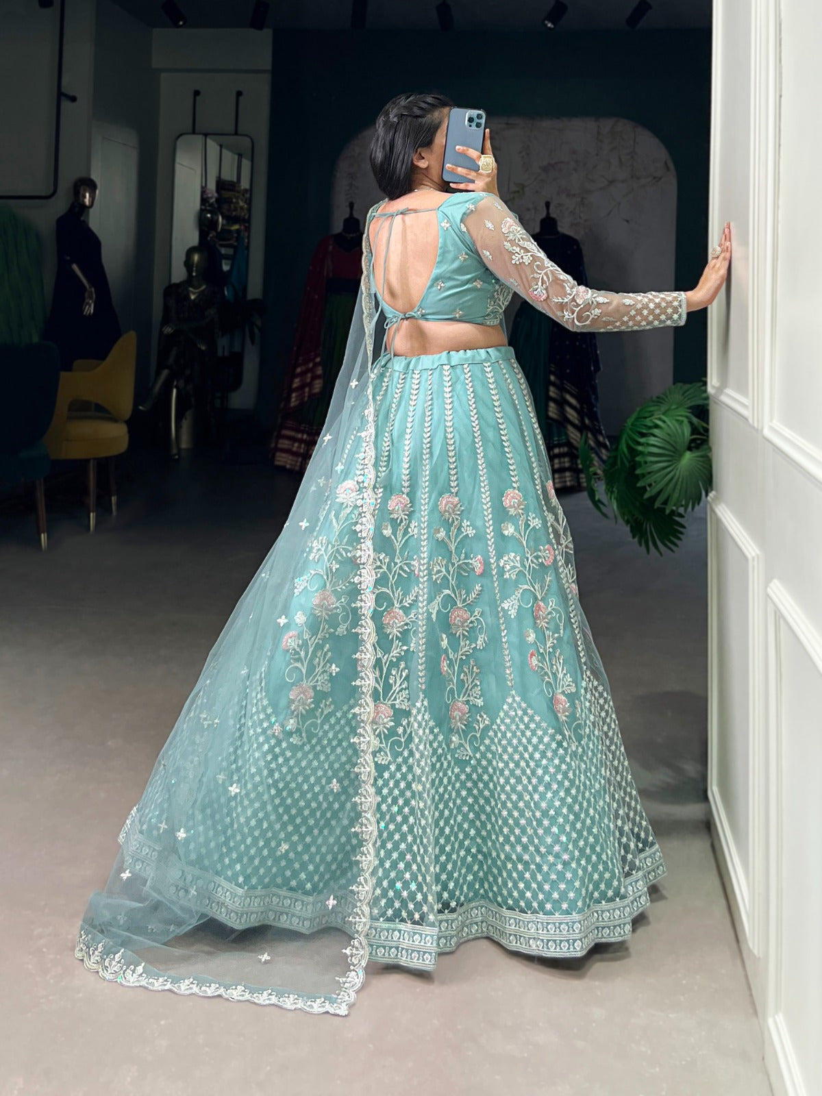 Sky blue color net lehenga choli with dupatta online