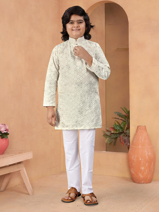 White color silk kids kurta suit 