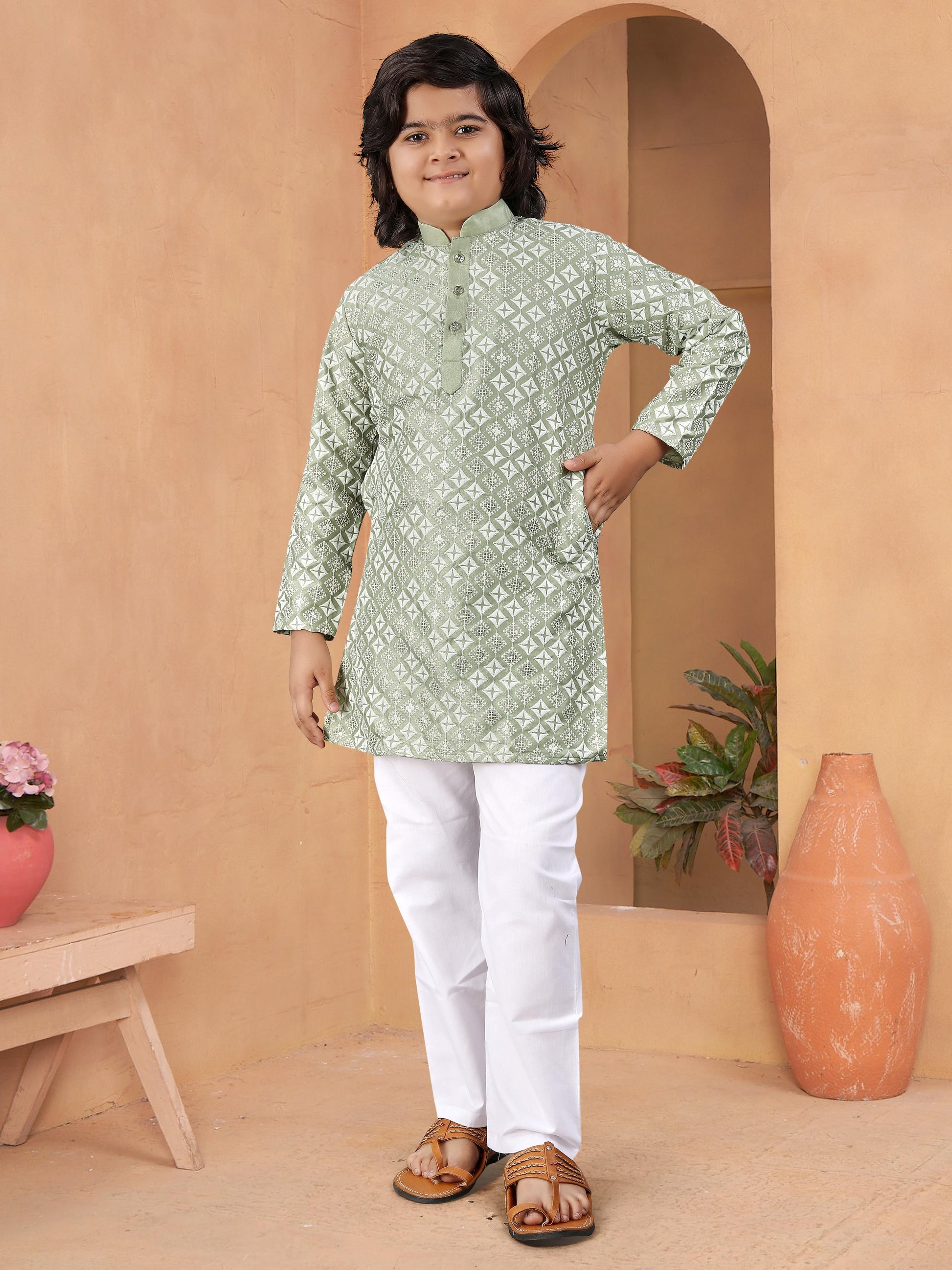 Green color embroidery work kurta