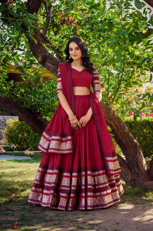 Red color chanderi lehenga choli for women