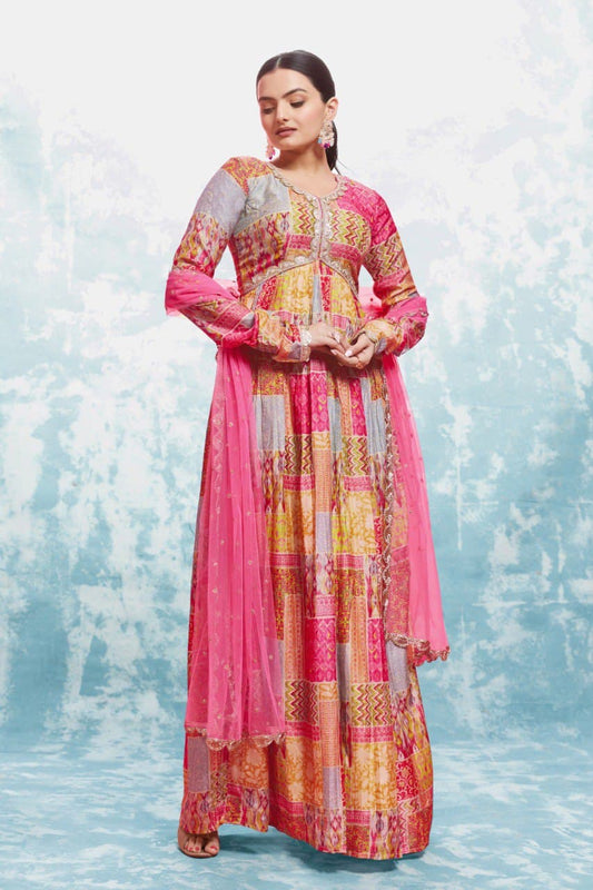 Multi color cotton printed gown with dupatta 